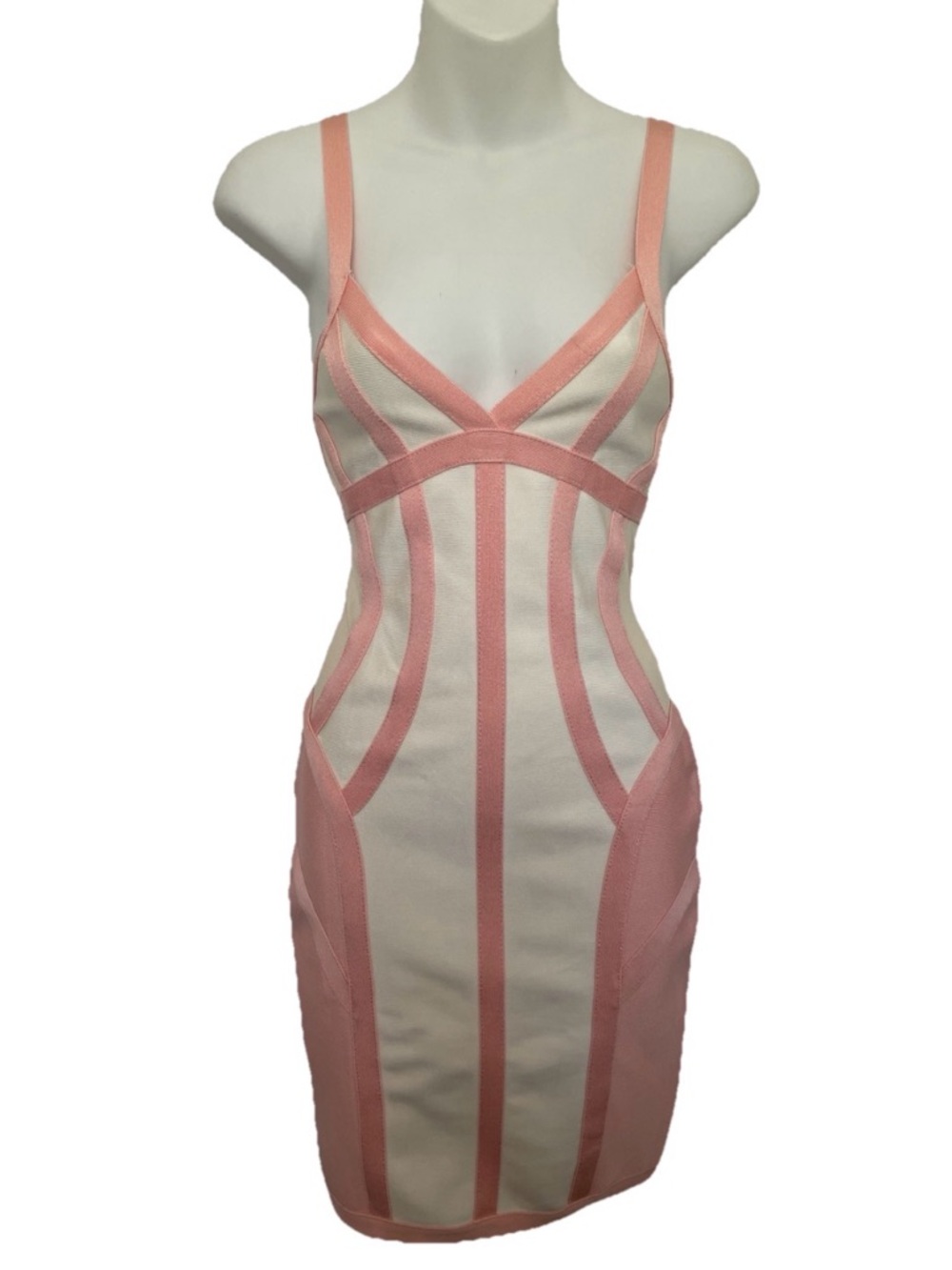NWT $150 Pink and White BODYCON Bandage DRESS With Nude ILLUSION LACE Sides S